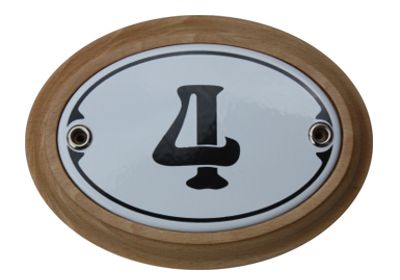 Nummer 4 Emailschild Jugendstil 7 x 10,5 cm oval weiß (ohne Holzrahmen) Nr. 1074
