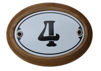 Nummer 4 Emailschild Jugendstil 7 x 10,5 cm oval weiß (ohne Holzrahmen) Nr. 1074