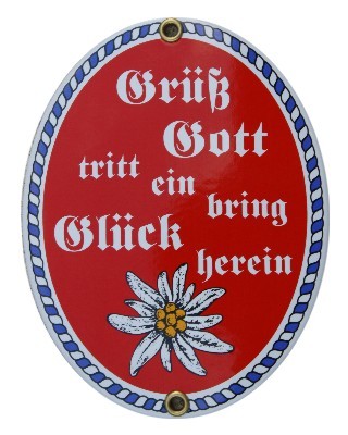 Grüß Gott Emaille Schild Oval rot Nr. 1259